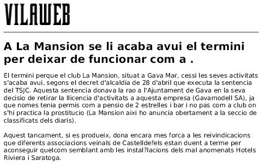 Notcia publicada al diari digital VILAWEB sobre la finalitzaci del termini perqu tanqui el Club 'La Mansin' de Gav Mar (26 de Maig de 2000)